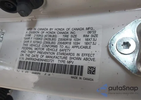2022 Honda Cr-V Awd Ex-L z USA, uszkodzony, nr VIN 2HKRW2H83NH653721